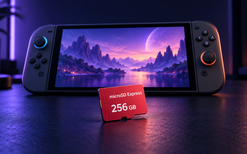 Ilustração do console com cartão microSD Express de 256 GB.